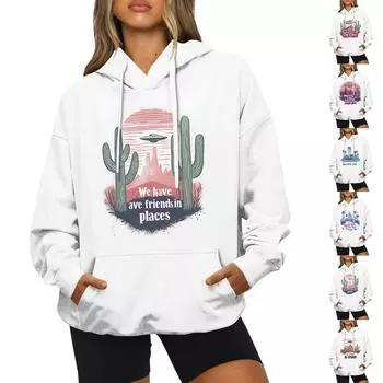 Женская модная повседневная толстовка с длинным рукавом и капюшоном с принтом L синий