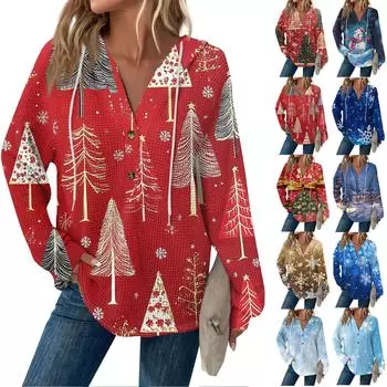 Женская модная повседневная толстовка с длинным рукавом, завязками на пуговицы, V-образным вырезом, капюшоном и рождественским принтом XXXL