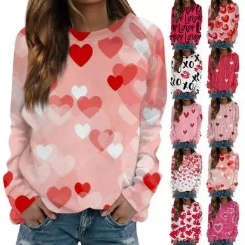 Женская модная повседневная толстовка с длинным рукавом и принтом на День святого Валентина и круглым вырезом XL белый