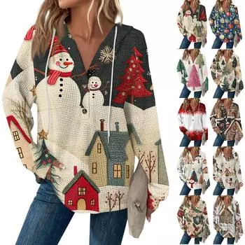 Женская модная повседневная толстовка с длинным рукавом, завязками на пуговицы, V-образным вырезом, капюшоном и рождественским принтом M