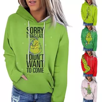 Женская модная повседневная толстовка с длинным рукавом и рождественским принтом L темно-зеленого