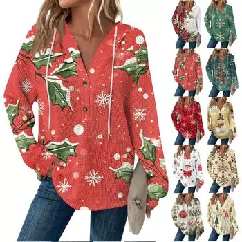 Женская модная повседневная толстовка с длинным рукавом, завязками на пуговицы, V-образным вырезом, капюшоном и рождественским принтом S