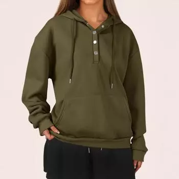 Женская модная повседневная толстовка с длинными рукавами, застежкой на полпуговицы, капюшоном, однотонная толстовка с карманом XXL