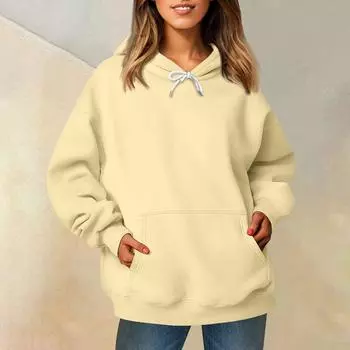 Женская модная повседневная толстовка с длинными рукавами и круглым вырезом с капюшоном, однотонная толстовка с прошитой нитью L бежевый