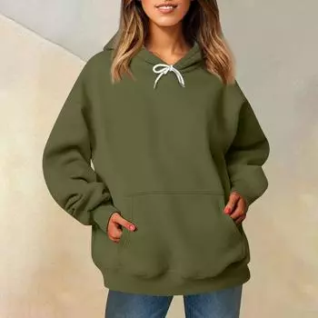 Женская модная повседневная толстовка с длинными рукавами и круглым вырезом с капюшоном, однотонная толстовка с прошитой нитью L армия зеленый
