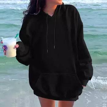 Женская модная повседневная толстовка с длинными рукавами и круглым вырезом с капюшоном, однотонная толстовка с прошитой нитью L чёрный