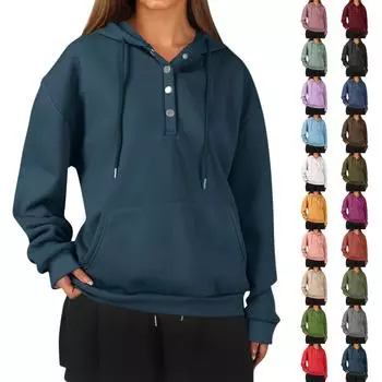 Женская модная повседневная толстовка с длинными рукавами, застежкой на полпуговицы, капюшоном, однотонная толстовка с карманом L армия зеленый