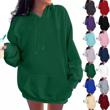 Женская модная повседневная толстовка с длинными рукавами и круглым вырезом с капюшоном, однотонная толстовка с прошитой нитью L чёрный