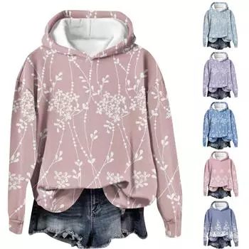 Женская модная повседневная толстовка с длинными рукавами и капюшоном с принтом, свободная толстовка с длинными рукавами L синий