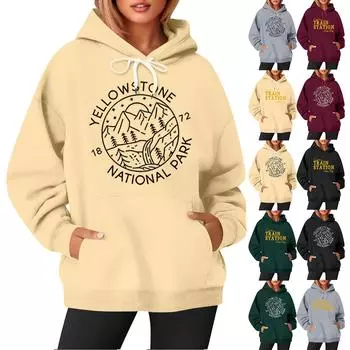 Женская модная повседневная толстовка с длинными рукавами и принтом, свободная толстовка с капюшоном L чёрный