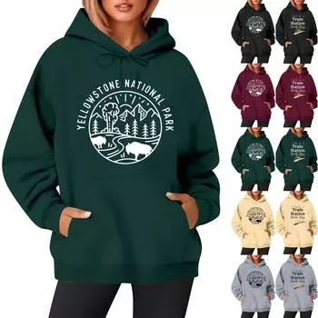 Женская модная повседневная толстовка с длинными рукавами и принтом, свободная толстовка с капюшоном XL хаки