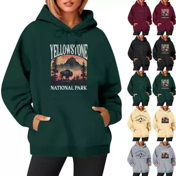 Женская модная повседневная толстовка с длинными рукавами и принтом, свободная толстовка с капюшоном M чёрный