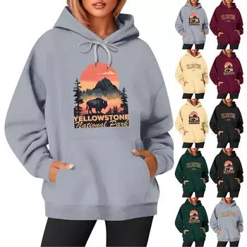 Женская модная повседневная толстовка с длинными рукавами и принтом, свободная толстовка с капюшоном L чёрный