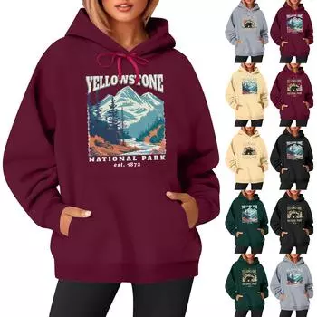 Женская модная повседневная толстовка с длинными рукавами и принтом, свободная толстовка с капюшоном L чёрный