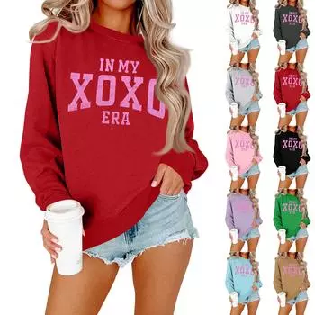 Женская модная повседневная толстовка с длинными рукавами и круглым вырезом с принтом ко Дню святого Валентина L чёрный