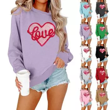 Женская модная повседневная толстовка с длинными рукавами и круглым вырезом с принтом ко Дню святого Валентина L чёрный