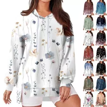 Женская модная повседневная толстовка с капюшоном, длинными рукавами, завязывающимся на шнурок, с цветочным принтом, свободная толстовка с разрезом L чёрный