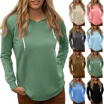 Женская модная повседневная толстовка с капюшоном, длинными рукавами, V-образным вырезом, завязками, однотонная толстовка с капюшоном M чёрный