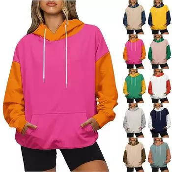 Женская модная повседневная толстовка с капюшоном и длинным рукавом в стиле пэчворк M хаки