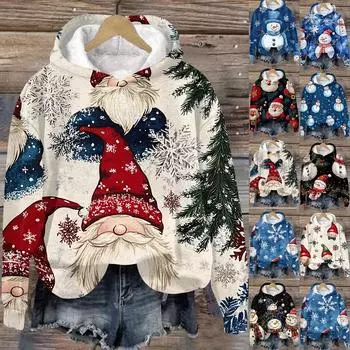 Женская модная повседневная толстовка с капюшоном и длинным рукавом с рождественским принтом L