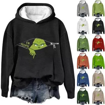 Женская модная повседневная толстовка с капюшоном и длинным рукавом с рождественским принтом и круглым вырезом L армия зеленый