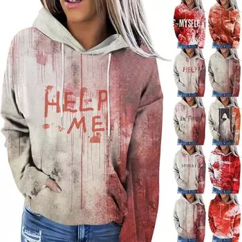 Женская модная повседневная толстовка с капюшоном и длинным рукавом с принтом на Хэллоуин L бежевый