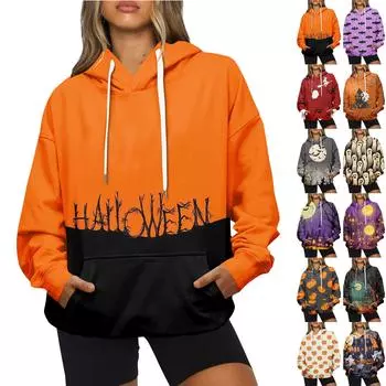 Женская модная повседневная толстовка с капюшоном и принтом на Хэллоуин с длинными рукавами S
