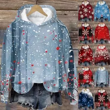 Женская модная повседневная толстовка с капюшоном и длинным рукавом с рождественским принтом S