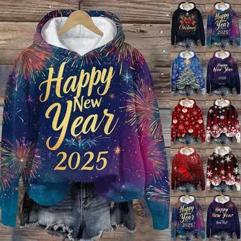 Женская модная повседневная толстовка с капюшоном и длинным рукавом с рождественским принтом XXL белый