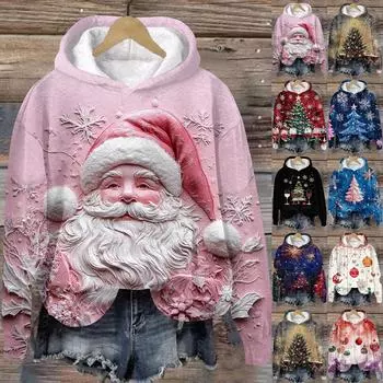 Женская модная повседневная толстовка с капюшоном и длинным рукавом с рождественским принтом M розовый