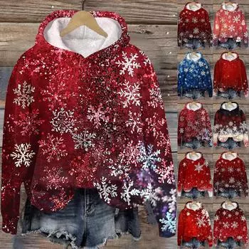 Женская модная повседневная толстовка с капюшоном и длинным рукавом с рождественским принтом S тёмно-синий