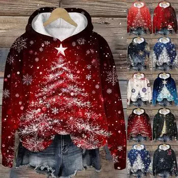Женская модная повседневная толстовка с капюшоном и длинным рукавом с рождественским принтом L