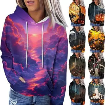 Женская модная повседневная толстовка с капюшоном и длинным рукавом с принтом на Хэллоуин S