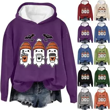 Женская модная повседневная толстовка с капюшоном и длинными рукавами с принтом букв на Хэллоуин M фиолетовый