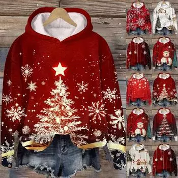 Женская модная повседневная толстовка с капюшоном и длинным рукавом с рождественским принтом L бежевый