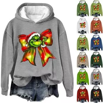 Женская модная повседневная толстовка с капюшоном и длинным рукавом с рождественским принтом и круглым вырезом M чёрный