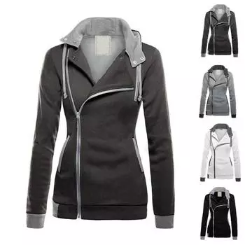 Женская модная повседневная толстовка с капюшоном и утолщенной косой молнией в стиле колор-блок L чёрный