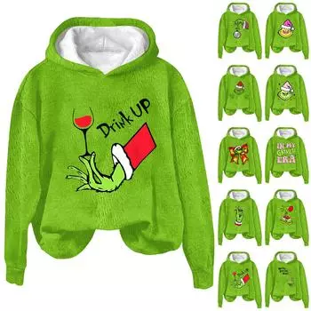 Женская модная повседневная толстовка с капюшоном и длинным рукавом из фланели с рождественским принтом XL