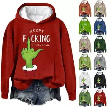 Женская модная повседневная толстовка с капюшоном и длинным рукавом с рождественским принтом и круглым вырезом L армия зеленый