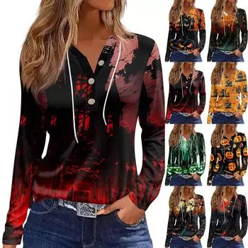 Женская модная повседневная толстовка с капюшоном на Хэллоуин с декорированными пуговицами и длинными рукавами, футболка M