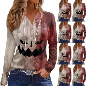 Женская модная повседневная толстовка с капюшоном на Хэллоуин с декорированными пуговицами и длинными рукавами, футболка M киноварь