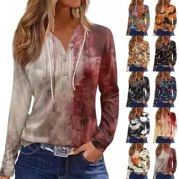 Женская модная повседневная толстовка с капюшоном на Хэллоуин с декорированными пуговицами и длинными рукавами, футболка L