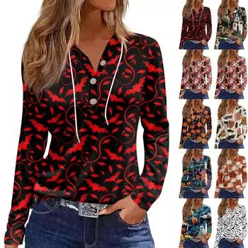 Женская модная повседневная толстовка с капюшоном на Хэллоуин с декорированными пуговицами и длинными рукавами, футболка S