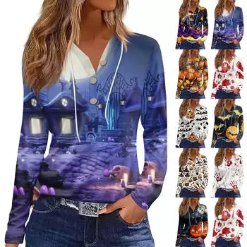 Женская модная повседневная толстовка с капюшоном на Хэллоуин с декорированными пуговицами и длинными рукавами, футболка L фиолетовый