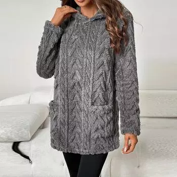 Женская модная повседневная толстовка с капюшоном однотонной расцветки свободного кроя с флисовыми карманами L