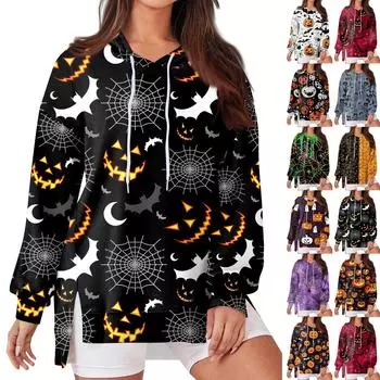 Женская модная повседневная толстовка с капюшоном с длинными рукавами и завязками, свободная толстовка с разрезом на Хэллоуин L