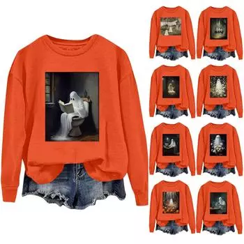 Женская модная повседневная толстовка с капюшоном с длинными рукавами и круглым вырезом с принтом на Хэллоуин S