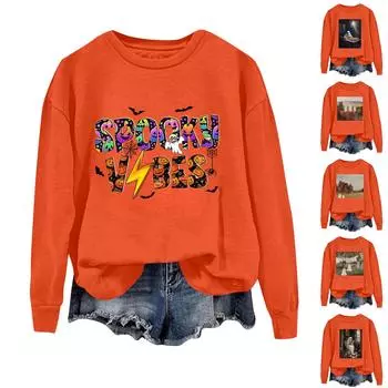 Женская модная повседневная толстовка с капюшоном с длинными рукавами и круглым вырезом с принтом на Хэллоуин L разноцветный