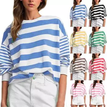 Женская модная повседневная толстовка с круглым вырезом и длинными рукавами в полоску L кофейный