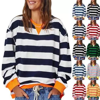 Женская модная повседневная толстовка с круглым вырезом и длинными рукавами в полоску XL синий